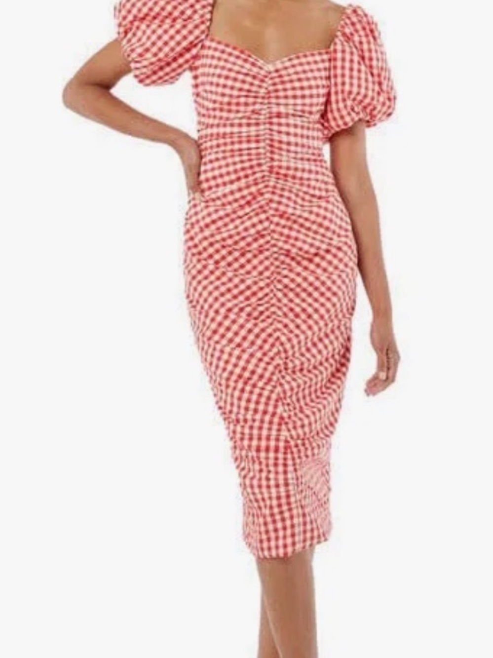RHODE Red Gingham Puff Sleeve Midi Dress